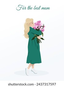 Mothers Day. A postcard to Mom. Spring. Women's day. The girl holds a bouquet of peonies in her hands.	
