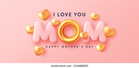 Mother's Day postcard with MOM word and golden cute heart on pink background.Poster or banner template for Love Mom and Mother's day concept.Vector illustration eps 10