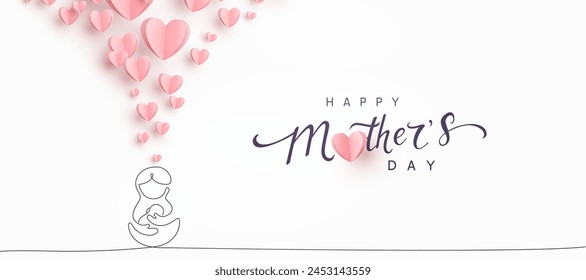 Mother's day postcard. Mum hugs baby continuous one line contour with paper flying hearts on light pink background. Vector symbols of love for mom greeting card design