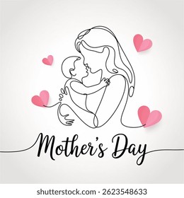 Mother's day postcard. Mum hugs baby continuous one line contour with paper flying hearts on white background. Vector symbols of love for mom greeting card design. Vector illustration.