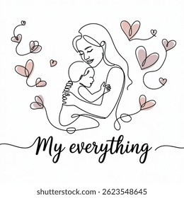 Mother's day postcard. Mum hugs baby continuous one line contour with paper flying hearts on white background. Vector symbols of love for mom greeting card design. Vector illustration.
