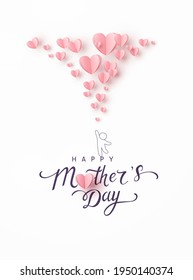 Mother's day postcard with paper flying elements and man on white sky background. Vector symbols of love in shape of heart for greeting card design