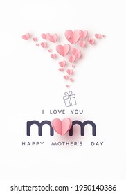 Mother's day postcard with paper flying elements and gift box on white sky background. Vector symbols of love in shape of heart for greeting card design