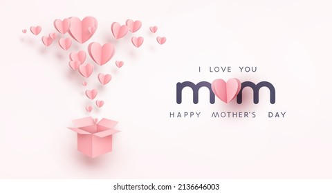 Mother's day postcard with paper flying elements and gift box on pink  background. Vector symbols of love in shape of heart for mum greeting card design