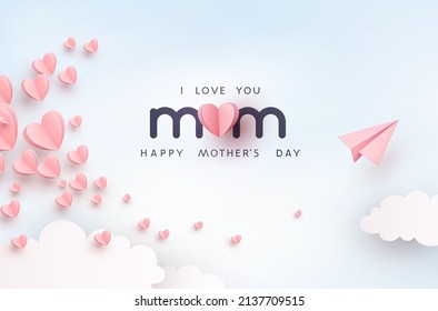 Mother's day postcard with paper flying elements and plane on blue sky background. Vector pink symbols of love in shape of heart, airplane for mum greeting card design