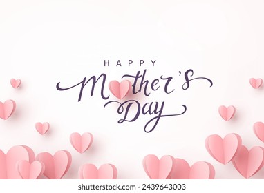 Mother's day postcard with paper flying elements and calligraphy text on light pink background. Vector symbols of love in shape of heart for greeting card, cover, ad, label design