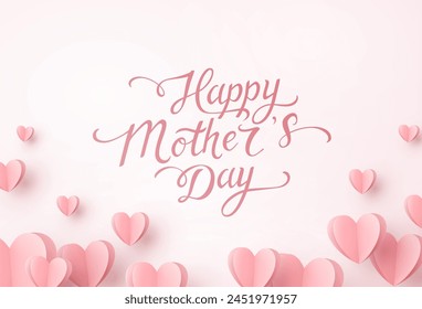 Postal del día de la madre con Elementos voladores de papel y texto de caligrafía sobre fondo rosa claro. Vector de símbolos de amor en forma de corazón para tarjeta de felicitación, cubierta, diseño del anuncio