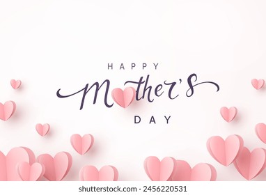 Mother's day postcard with paper flying elements and calligraphy text on light pink background. Vector symbols of love in shape of heart for greeting card, cover, ad design