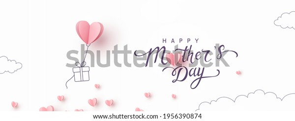 Mother\'s day postcard with paper flying\
elements and gift box on white sky background. Vector symbols of\
love in shape of heart for greeting card\
design