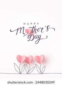 Postal del día de la madre con flores de tulipanes de papel y texto de caligrafía sobre fondo rosa claro. Vector de símbolos de amor en forma de corazón para tarjeta de felicitación, cubierta, diseño de etiqueta	