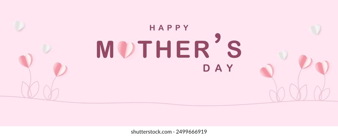 Mother's Day postcard with paper tulips or hearts on a soft pink background. Symbol of love in the form of a heart for greeting cards, covers, and labels. Vector illustration.