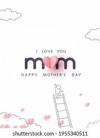 Mother's Day postcard with pink flying elements and man on white sky background. Vector paper symbols of love in shape of heart for greeting card design