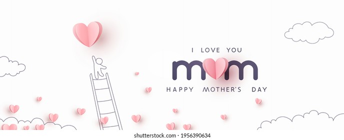 Mother's Day postcard with pink flying elements and man on white sky background. Vector paper symbols of love in shape of heart for greeting card design