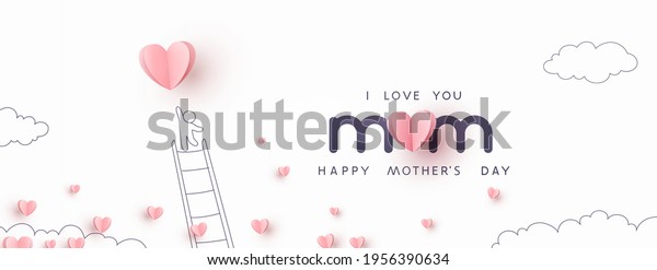 Mother\'s Day postcard with pink\
flying elements and man on white sky background. Vector paper\
symbols of love in shape of heart for greeting card\
design
