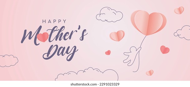 Mother's Day postcard with pink and red flying elements and child on pink sky background. Vector paper symbols of love in heart shape for greeting card design.