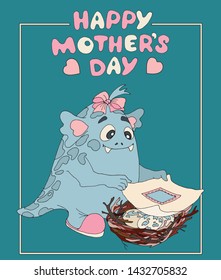 Mothers Day. postcard, poster, invitation in the form of a light blue monster-girl with a bow, gently covering the nest of colorful eggs with a blanket.