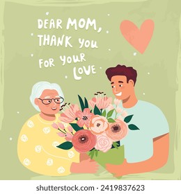 Mother's Day poster with adult son and elderly mother.Cartoon background with characters,bouquet of flowers and hand lettering Thank you,mom.Card with floral composition and heart.Vector  illustration