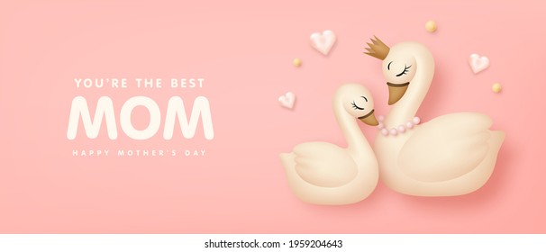 Mother's day poster or banner with cartoon swan and sweet hearts on pink background. Vector illustration