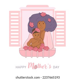 Mother's Day poster or banner featuring a mother hugging her baby with pink flowers. A beautiful African American woman with lovely hairstyle looks out of the window with a baby in her arms.