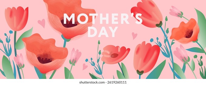Mother's Day poster or banner with flowers. Promotion and shopping template, vector illustration