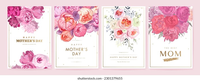 Mother's day poster, banner or greeting card set with hand drawn bouquet of flowers and golden eleements on white background