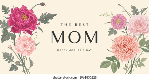 Mother's day poster or banner with hand drawn flowers on light background. Vector illustration