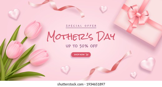 Mother's day poster or banner with realistic tulips, hearts, ribbons and gift box on pink background. Vector illustration