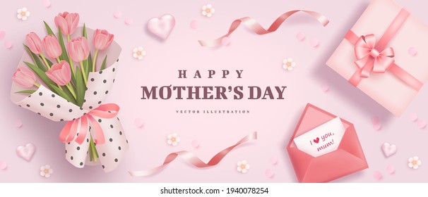 Mother's day poster or banner with realistic hearts, bouquet of tulips, pink envelope and gift box on pink background