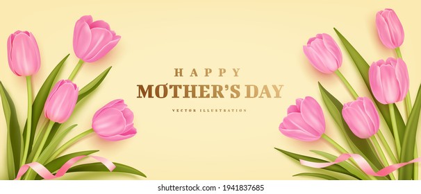 Mother's day poster or banner with realistic bouquet of tulips on yellow background