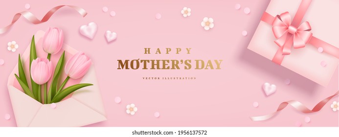 Mother's day poster or banner with realistic sweet hearts, bouquet of tulips, envelope and pink gift box on pink background. Vector illustration