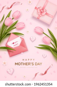 Mother's day poster or banner with realistic sweet hearts, bouquet of tulips, envelope and pink gift box on pink background. Vector illustration