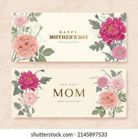 Mother's day poster or banner set with hand drawn flowers on light background. Vector illustration