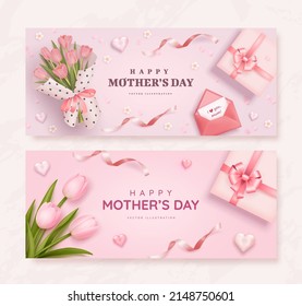 Mother's day poster or banner set with sweet hearts, bouquet of tulips and pink gift box on pink background