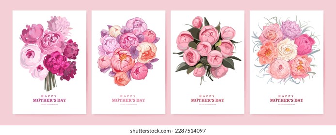 Mother's day poster or banner set with hand drawn bouquet of flowers on white background