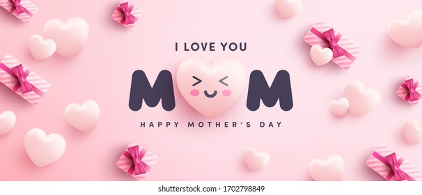 Mother's Day Poster or banner with sweet hearts and gift box on pink background.Promotion and shopping template or background for Love and Mother's day concept.Vector illustration eps 10