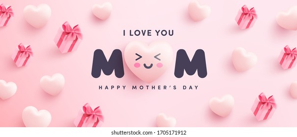 Mother's Day Poster or banner with sweet hearts and gift box on pink background.Promotion and shopping template or background for Love and Mother's day concept.Vector illustration eps 10