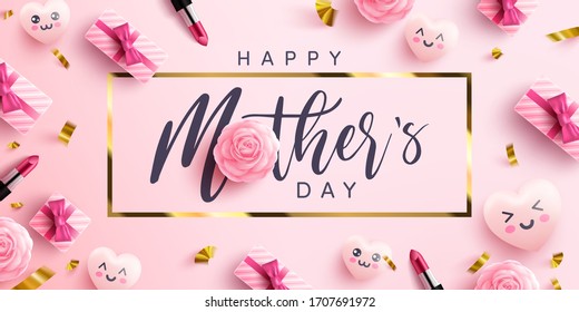 Mother's Day Poster or banner with sweet hearts and pink gift box on pink background.Promotion and shopping template or background for Love and Mother's day concept. Vector illustration eps 10