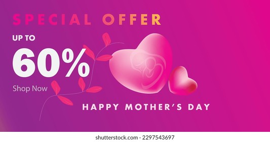 Mother's Day Poster or banner with sweet hearts and gift box on purple background.Promotion and shopping template or background for Love and Mother's day concept.Vector illustration eps Vector