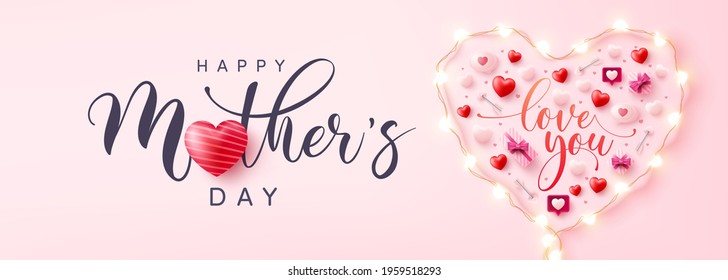 Mother's Day Poster or banner with symbol of heart from LED String lights and valentine elements on pink background.Promotion and shopping template or background for Love and Mother's day concept.