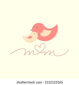 Mothers day poster. Bird with chick and mom lettering with heart