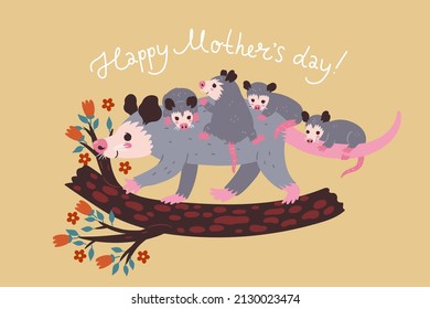 Mother's Day poster or card with opossum and cubs. Vector graphics.