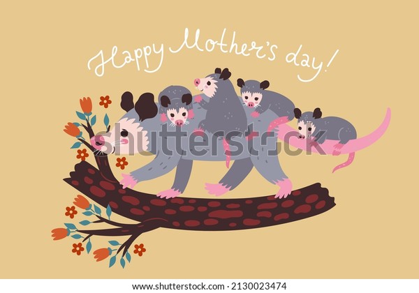 Mother\'s Day poster or card with opossum and\
cubs. Vector\
graphics.