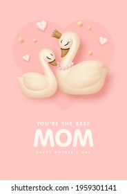 Mother's day poster with cartoon swan and sweet hearts on pink background. Vector illustration