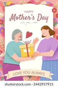 Mothers day poster. Elderly mom and daughter giving present on floral background with white board.