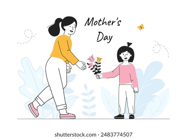 Mothers Day poster. Girl gives bouquet of flowers to woman. International holiday and festival May 11. Kid love parent. Linear vector illustration isolated on white background