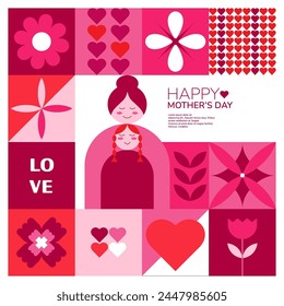 Mother's Day poster, greeting card, banner, label, sale promotion template, cover in geometric style. Geometric print, pattern. Vector illustration.	