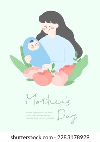 Mother's Day poster of mother holding baby with flowers.