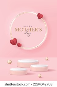 Mother's day poster for product demonstration. Pink pedestal or podium with pearls and flying hearts on pink background.