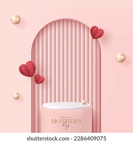 Mother's day poster for product demonstration. Pink pedestal or podium with pearls and flying hearts on pink background.