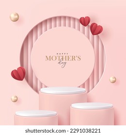 Mother's day poster for product demonstration. Pink pedestal or podium with pearls and flying hearts on pink background.